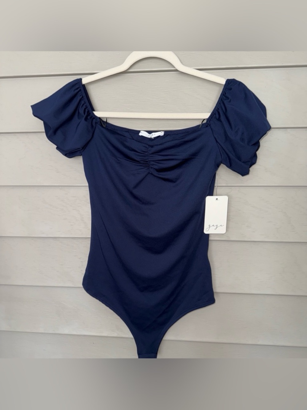 gaze Navy Off-Shoulder Puff-Sleeve Bodysuit